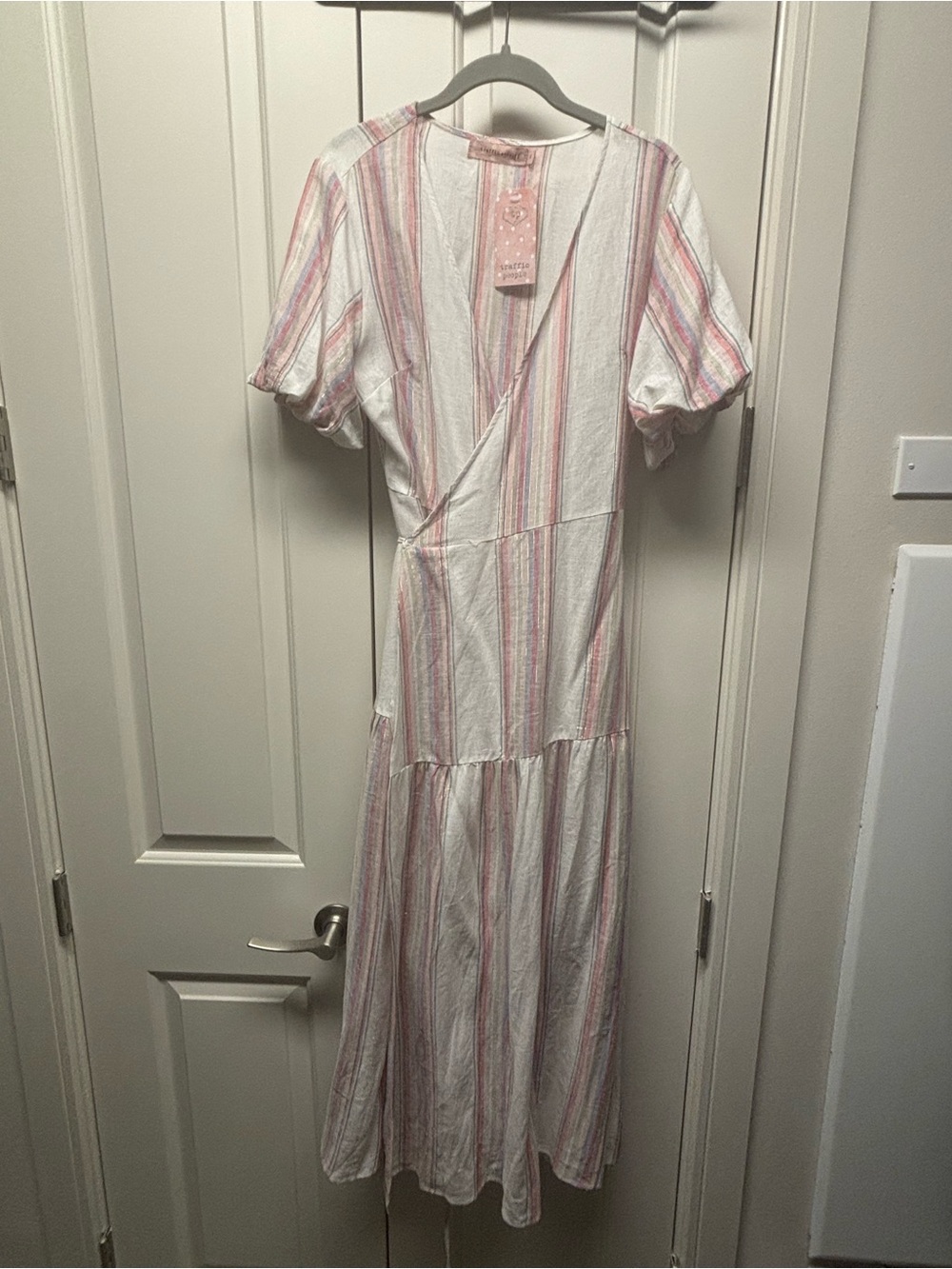Traffic People Cream and Pink Striped Midi Wrap Dress